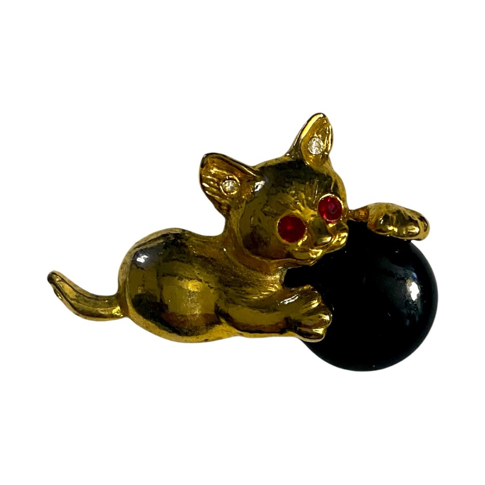 Vintage Rhinestone Cat Brooch Pin Gold Tone